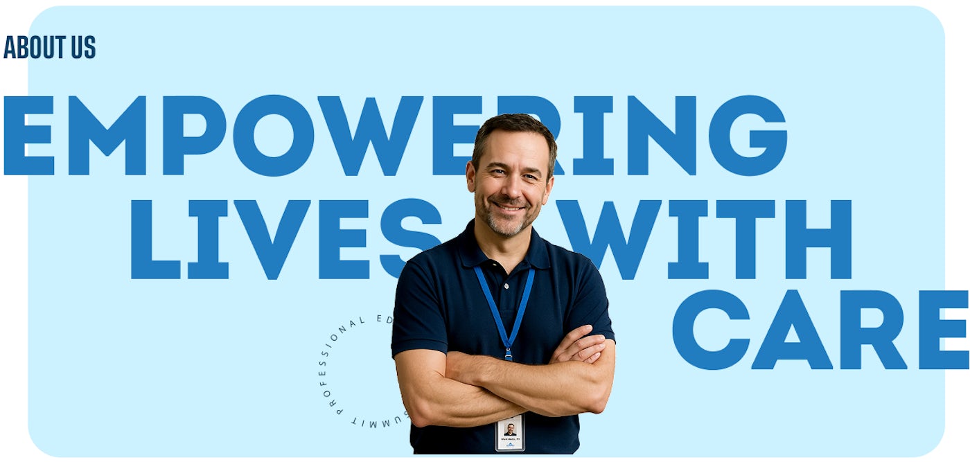 Summit Professional Education – Empowering Lives with Care message next to a smiling man