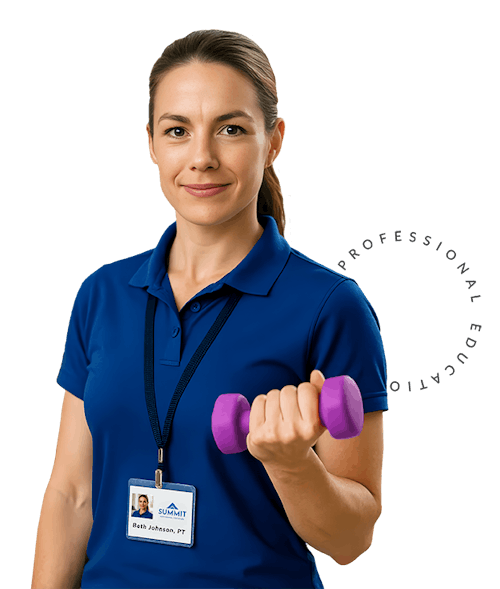 Summit Rehab Therapy promotional image with woman holding dumbbell and text reading 'Progress Starts Here'