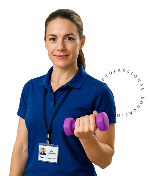Summit Rehab Therapy promotional image with woman holding dumbbell and text reading 'Progress Starts Here'